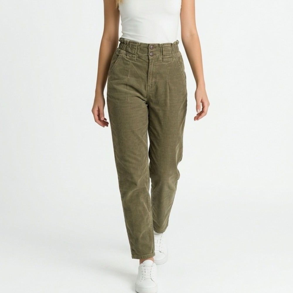 Free People Olive Green Paperbag Utility Pants High Rise Cotton Twill Size 2
